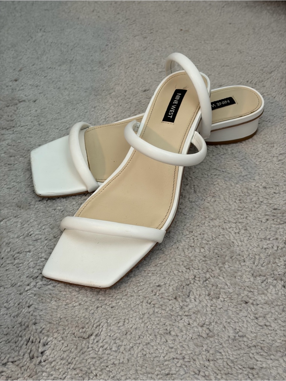 Nine West White Strappy Square-Toe Low Block Heel Mules